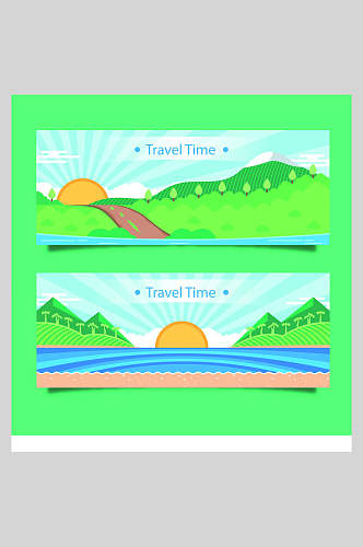 扁平化旅游旅行矢量插画绿色日出海滩