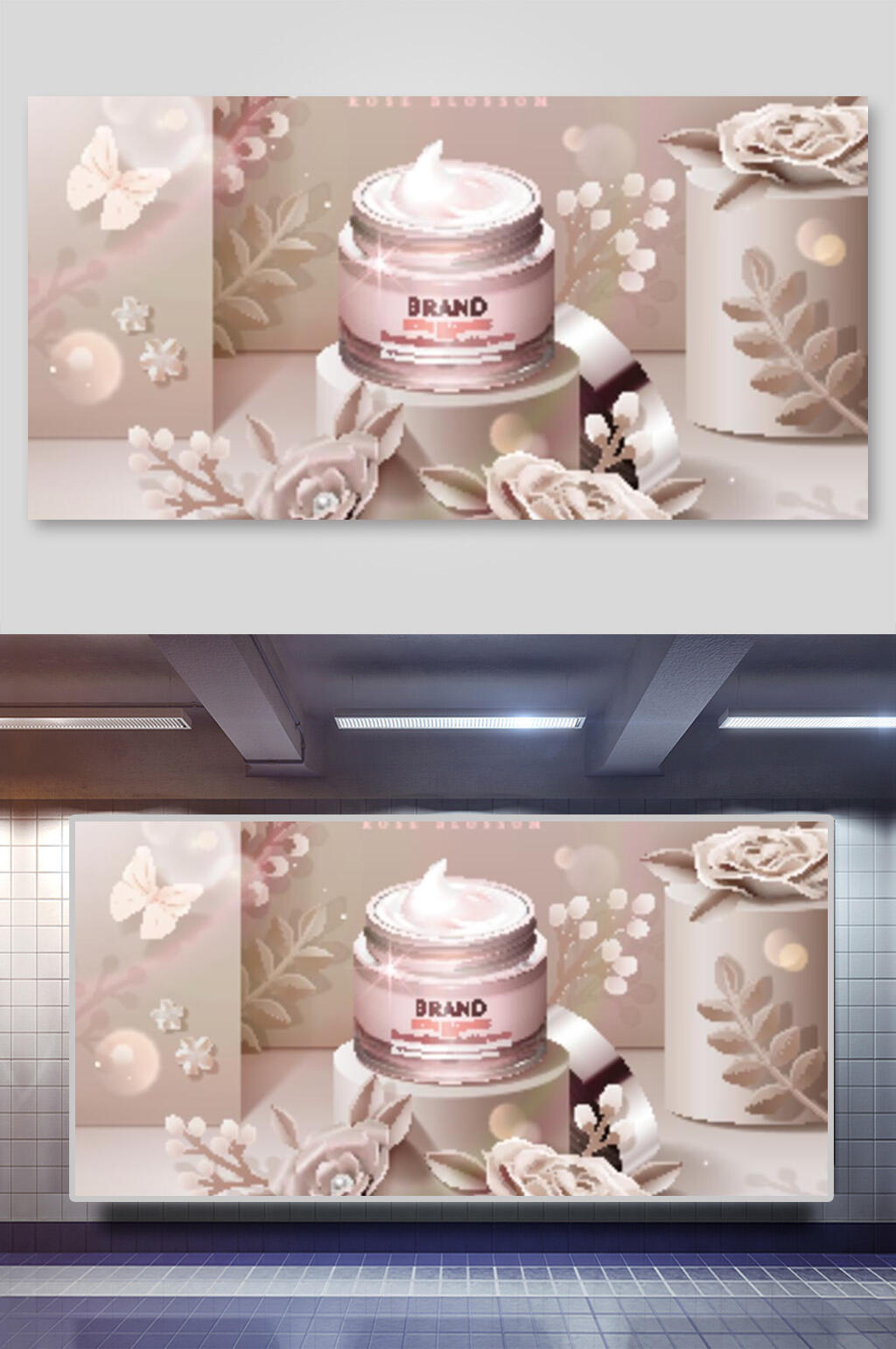 金色大气立体剪纸风花卉美妆背景素材素材
