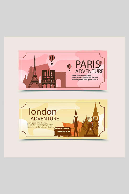 扁平化旅游旅行矢量插画巴黎伦敦的票