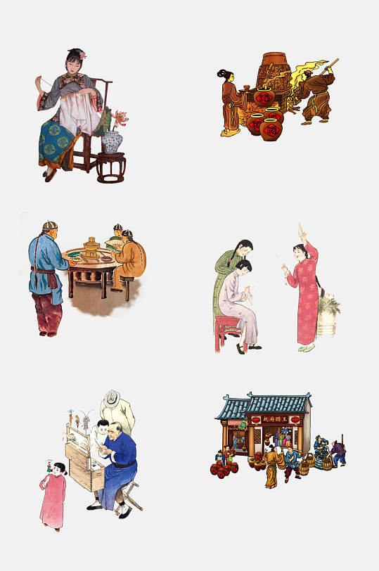 古风中国风古代手工艺人物店铺免抠元素