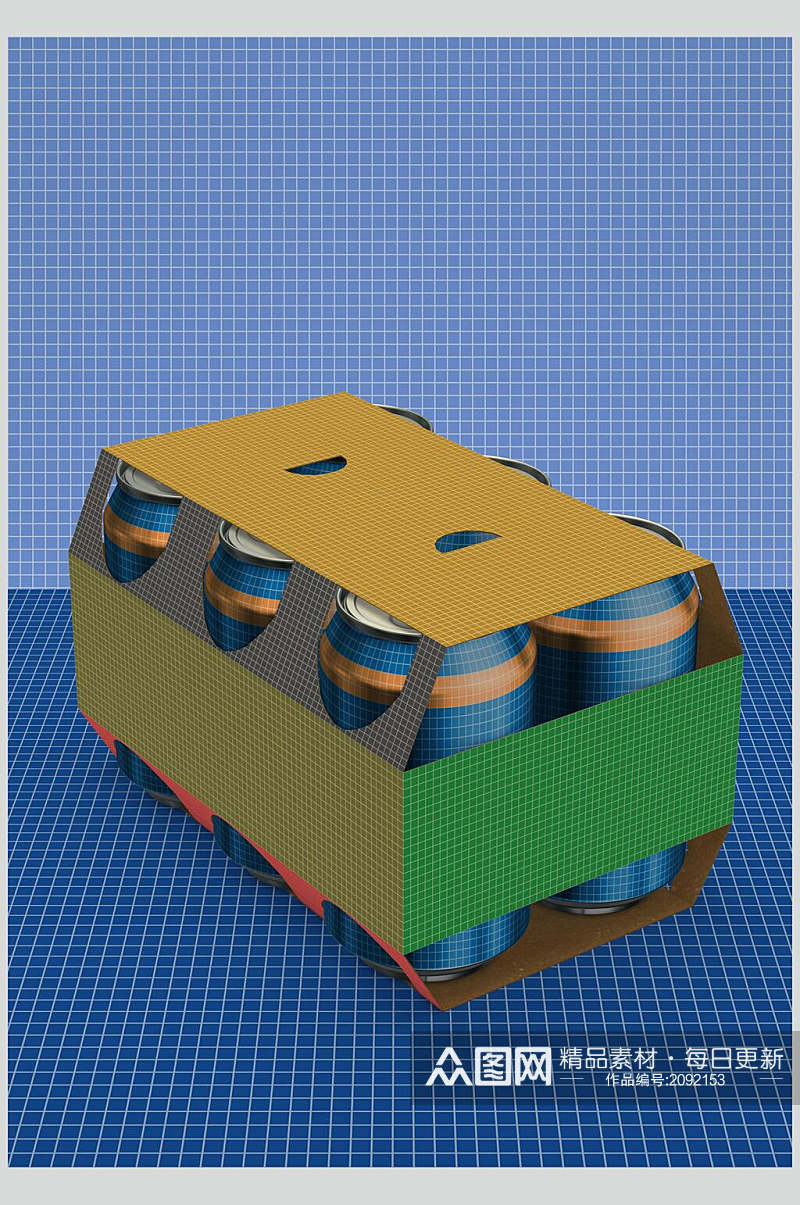 整箱蓝色铝制易拉罐包装样机效果图素材