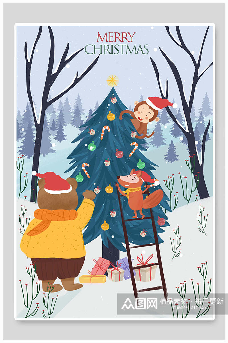 卡通圣诞树雪地装饰猴子圣诞节插画素材
