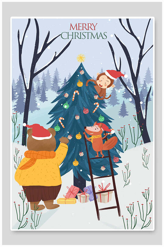 卡通圣诞树雪地装饰猴子圣诞节插画