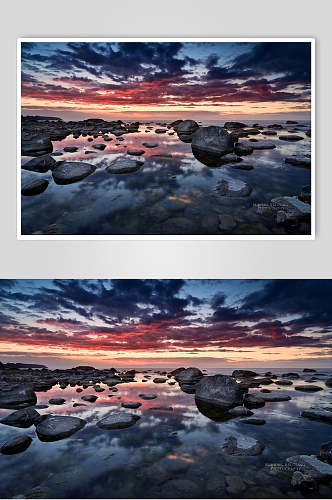 天空倒影礁石夕阳黄昏高清图片