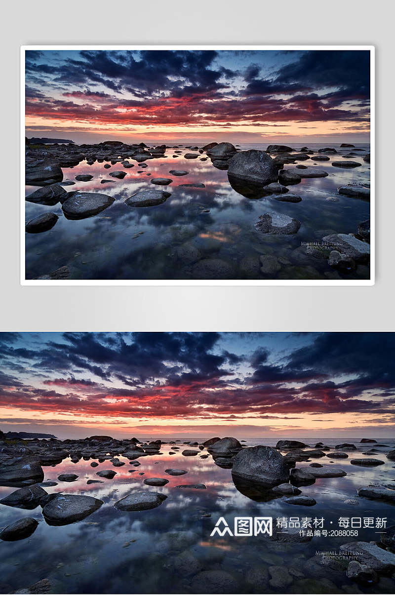 天空倒影礁石夕阳黄昏高清图片素材