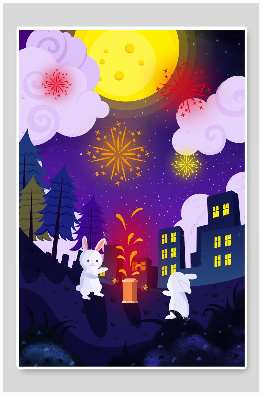 唯美烟花中秋节插画素材素材