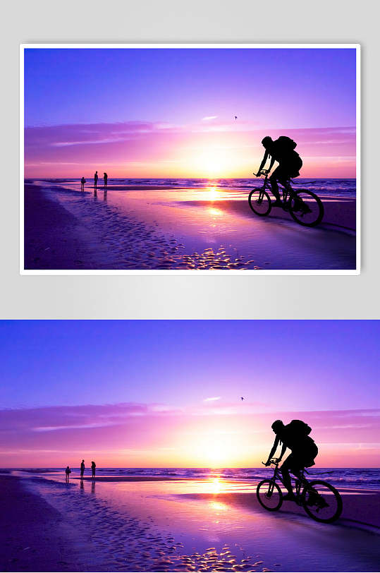 唯美蓝紫色骑行夕阳黄昏高清摄影图片