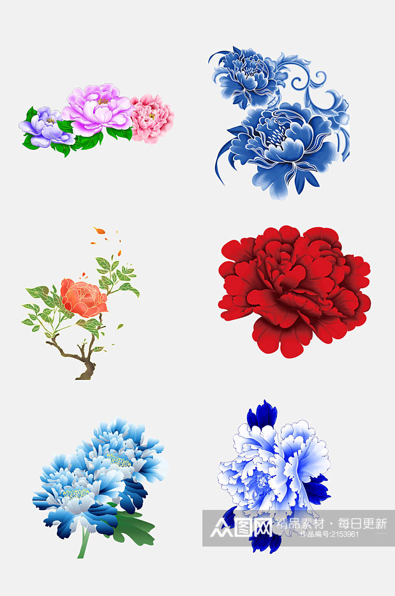 红蓝色花朵牡丹免抠元素素材