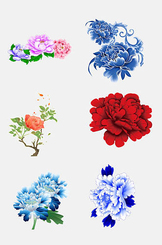 红蓝色花朵牡丹免抠元素