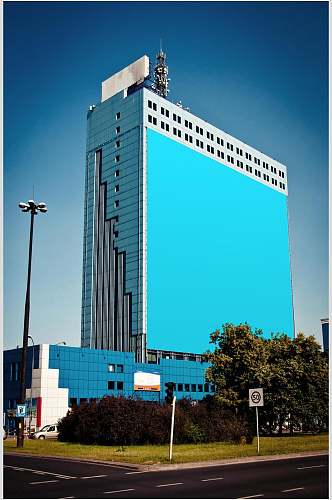 建筑楼蓝色墙面样机效果图