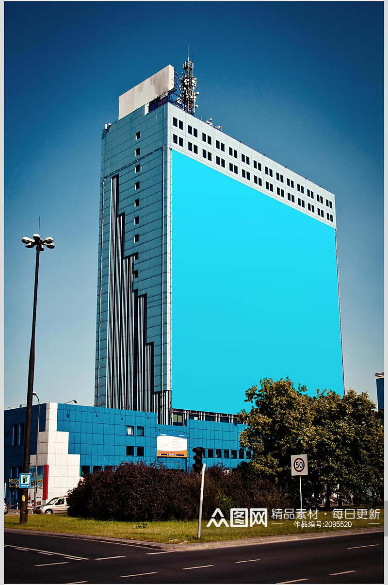 建筑楼蓝色墙面样机效果图素材