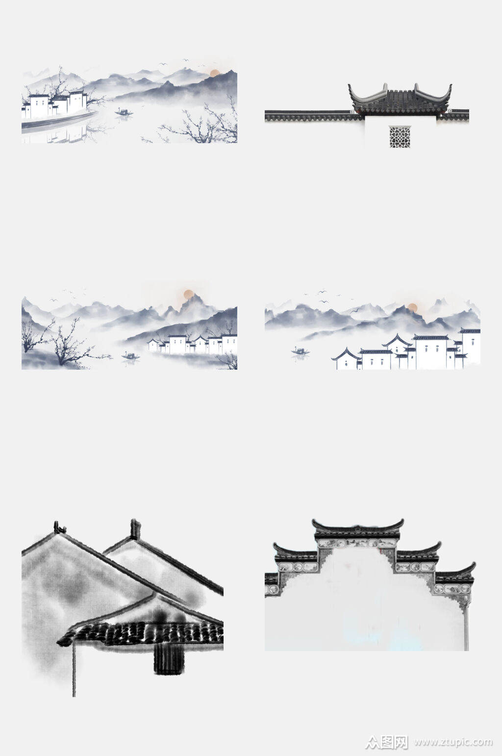 水墨风江南水乡山水徽派建筑设计元素素材