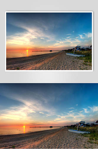 夕阳黄昏大海渔船摄影图片