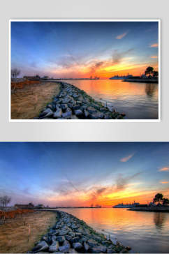 河流夕阳黄昏摄影图片