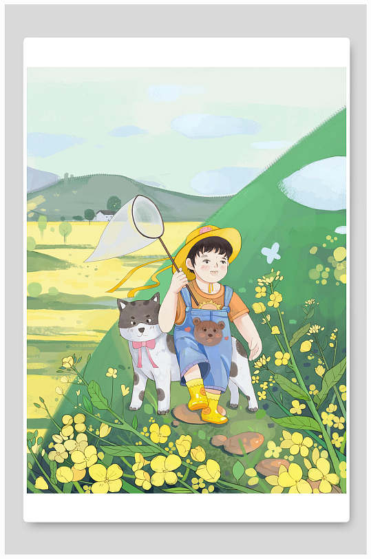 清新扑蝴蝶春分节气插画素材