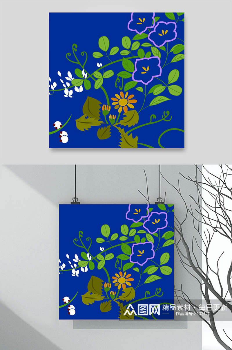 蓝色中式古典传统花纹枝叶背景素材素材