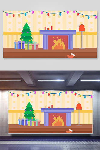 扁平风礼物橱窗壁炉圣诞节插画