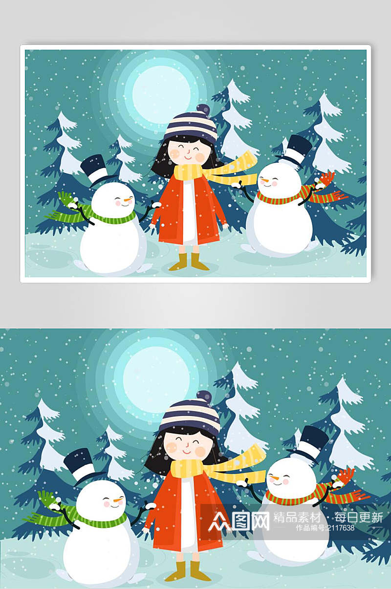 圣诞节女孩堆雪人插画素材