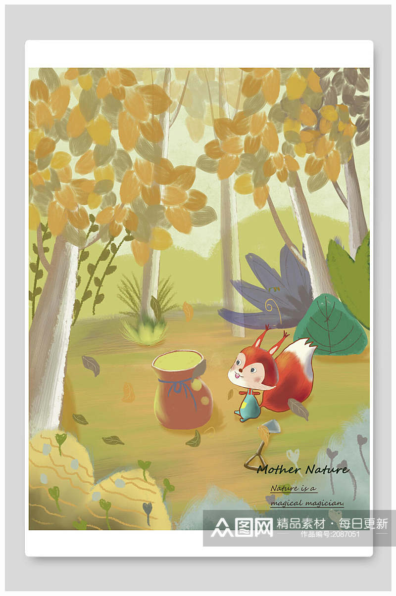 黄色日系森林动物小清新插画素材
