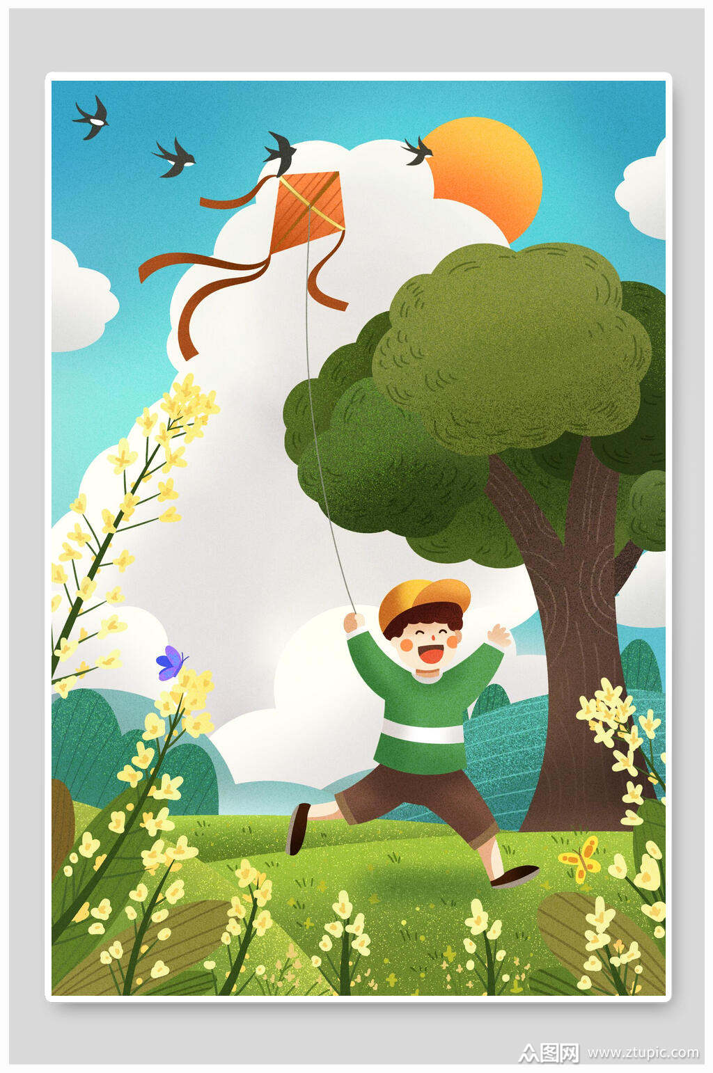 春季放风筝春分节气插画素材