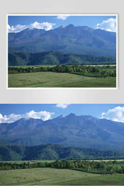 清新绿色草原山峰天空高清图片