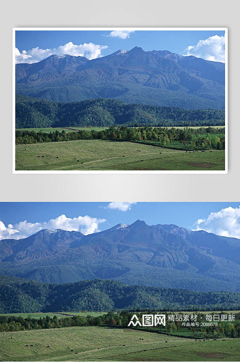 清新绿色草原山峰天空高清图片素材