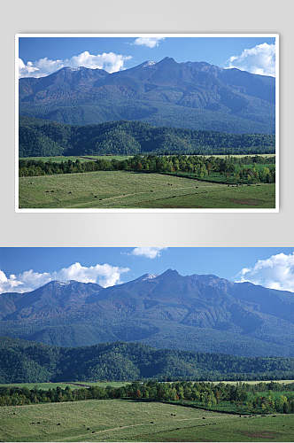 清新绿色草原山峰天空高清图片