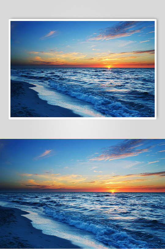 蓝色海岸浪花夕阳黄昏高清摄影图片
