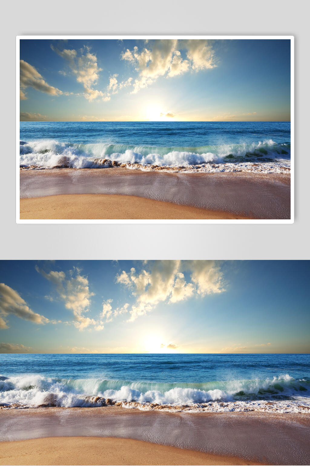 清新海水浪花天空夕阳黄昏全景图片素材