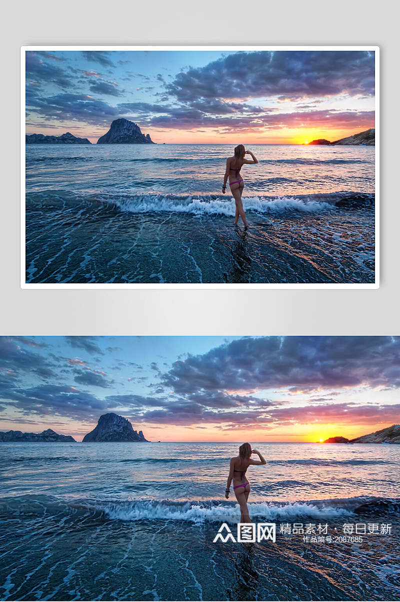 海边美女夕阳黄昏图片素材