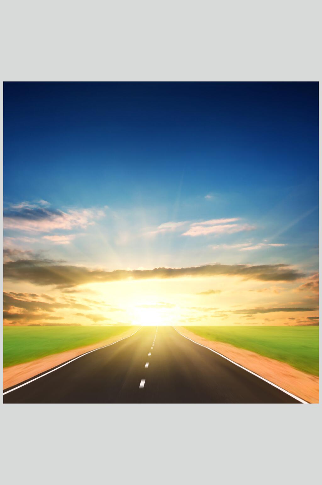 清新公路朝霞晚霞摄影图片素材