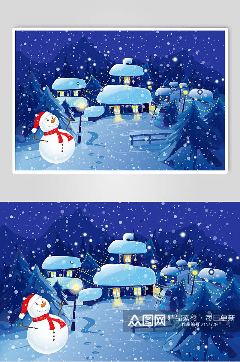 圣诞节夜晚雪景插画素材