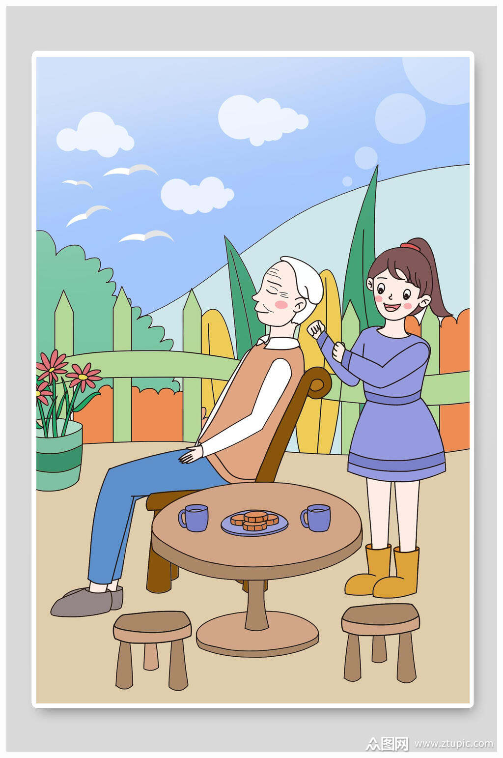 扁平手绘老人捶背敬老插画