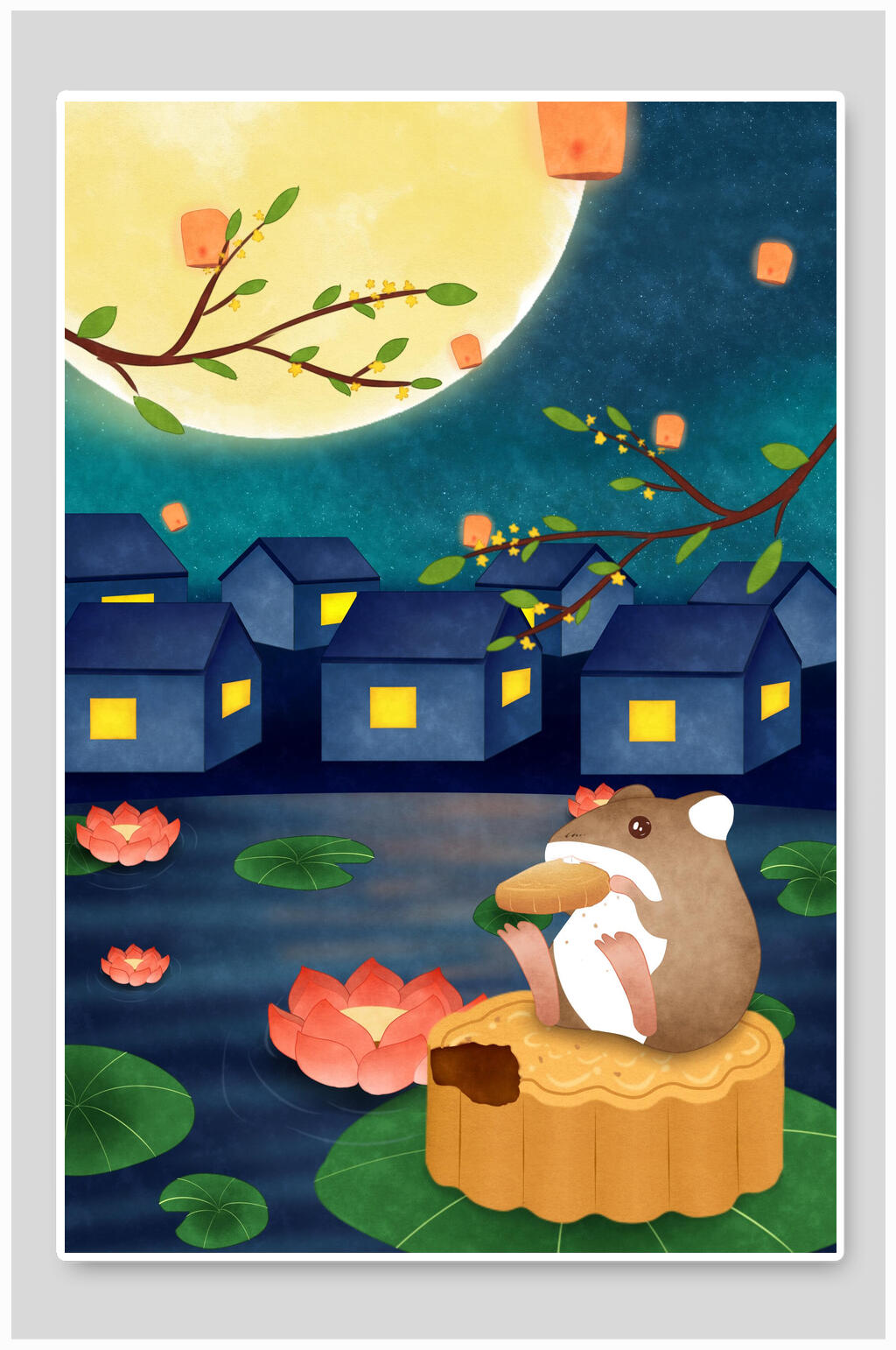 月色月饼中秋节插画素材素材