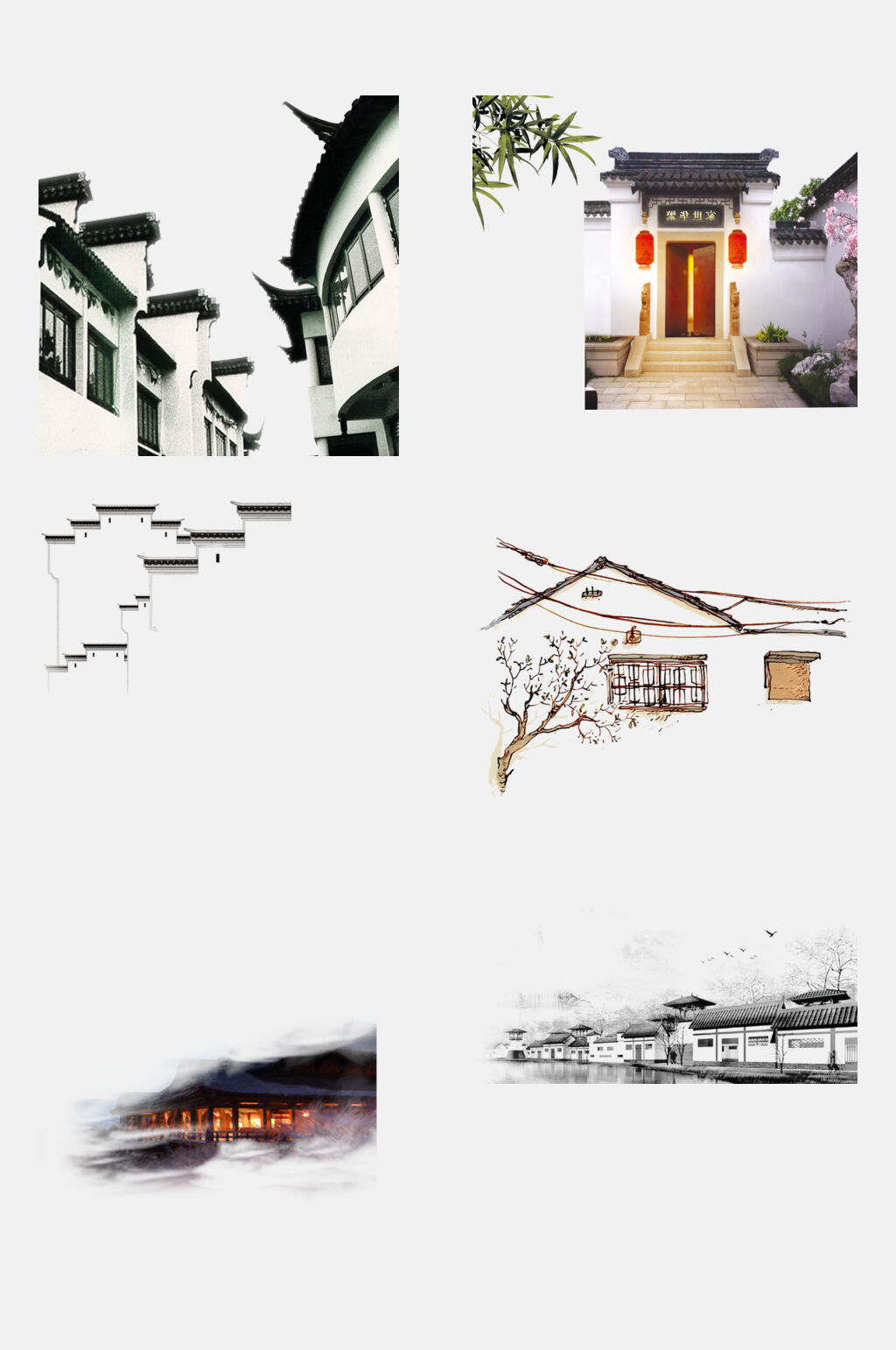 清新江南水乡徽派建筑庭院设计元素素材