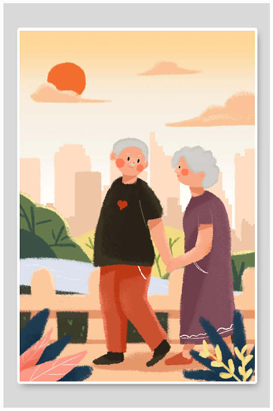 敬老院人物散步插画