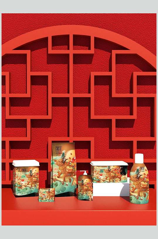 红色高端国潮品牌包装整套VI新年文创样机效果图
