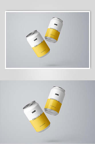 黄白饮品铝制易拉罐包装样机悬浮效果图