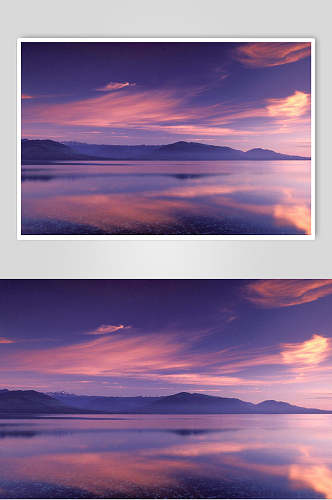 蓝紫色天空倒影夕阳黄昏摄影图片