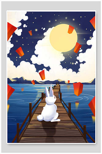 赏月兔子孔明灯可爱中秋节插画