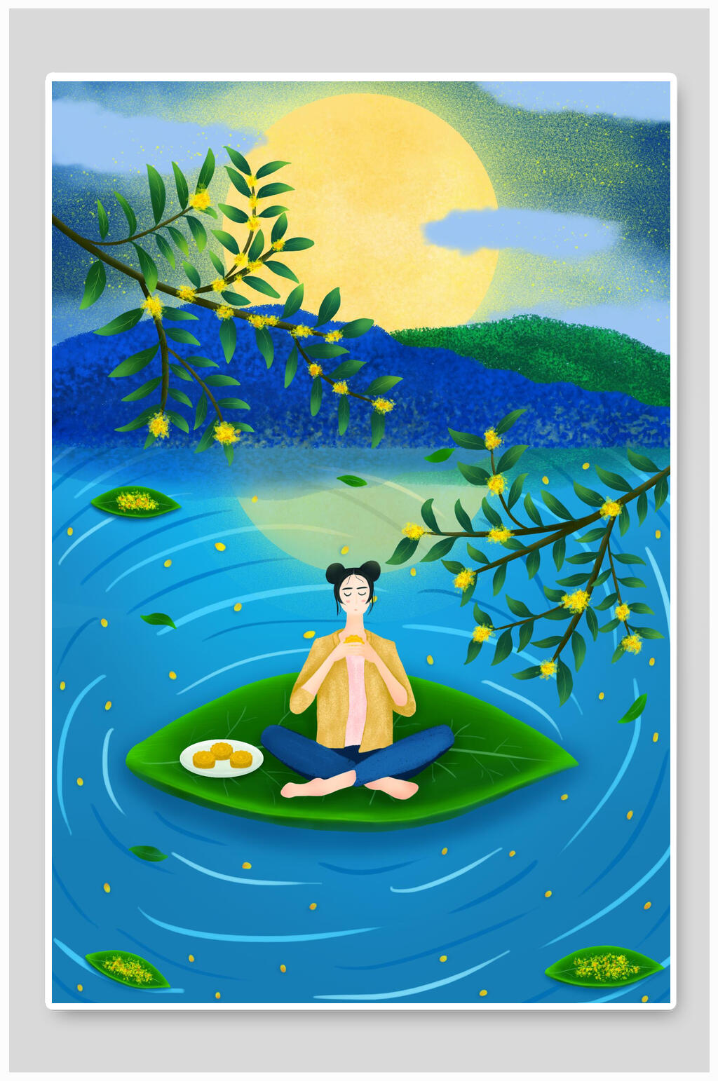 清新创意蓝色桂花糕月饼中秋节插画素材素材