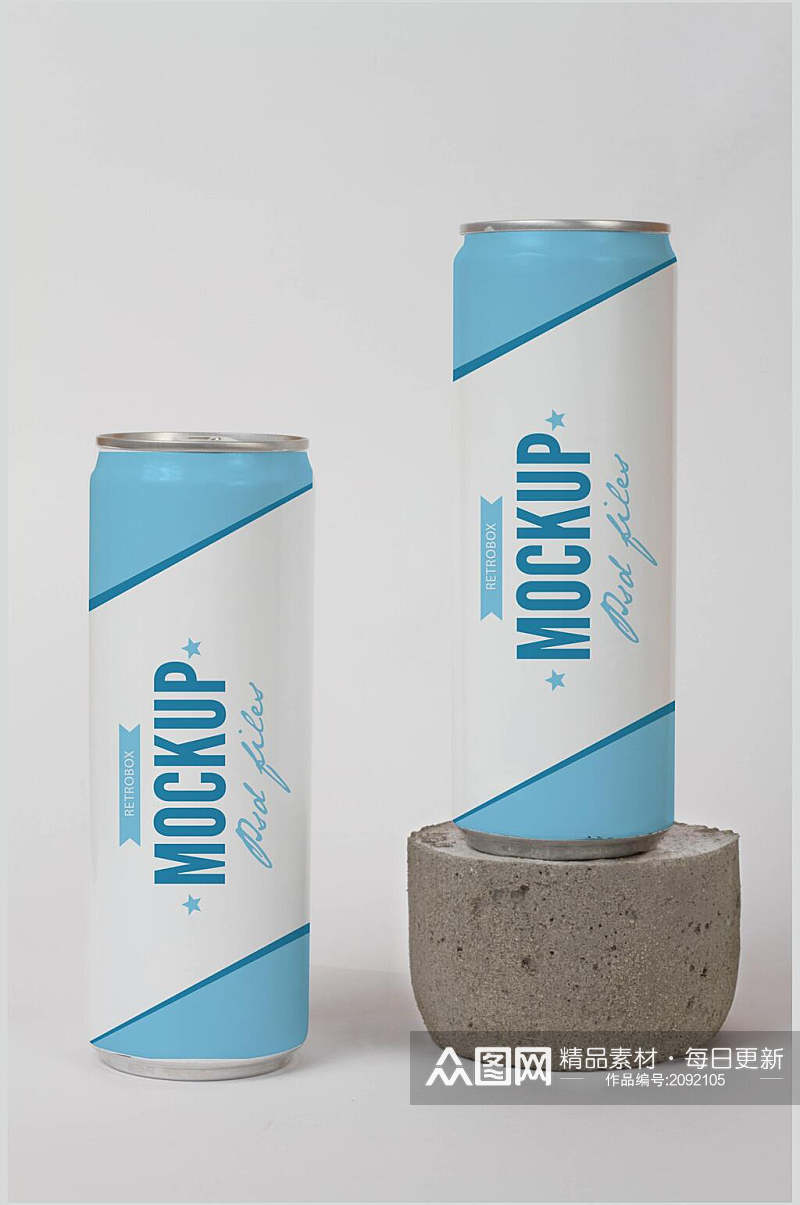 清新淡雅蓝白铝制易拉罐包装样机效果图素材