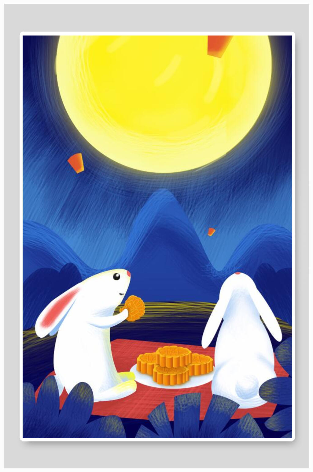 玉兔月亮月饼中秋节插画素材素材