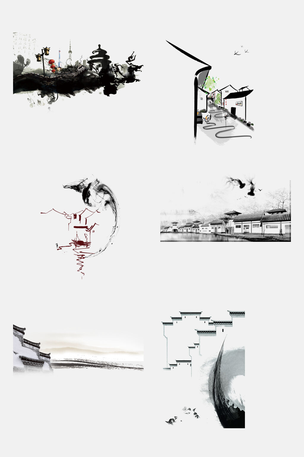 中国水墨风江南水乡徽派建筑素材