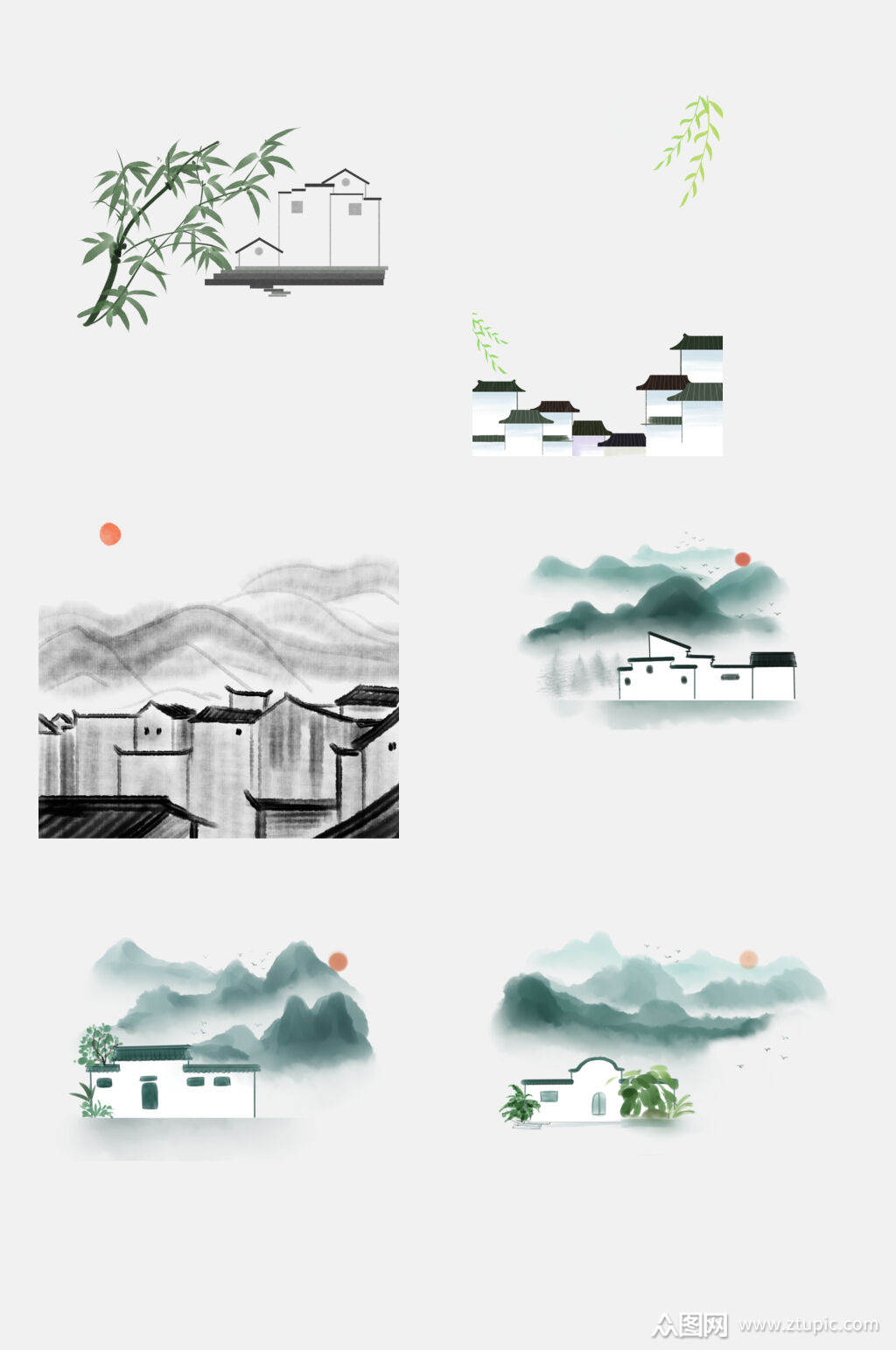 古典江南水乡徽派建筑元素素材