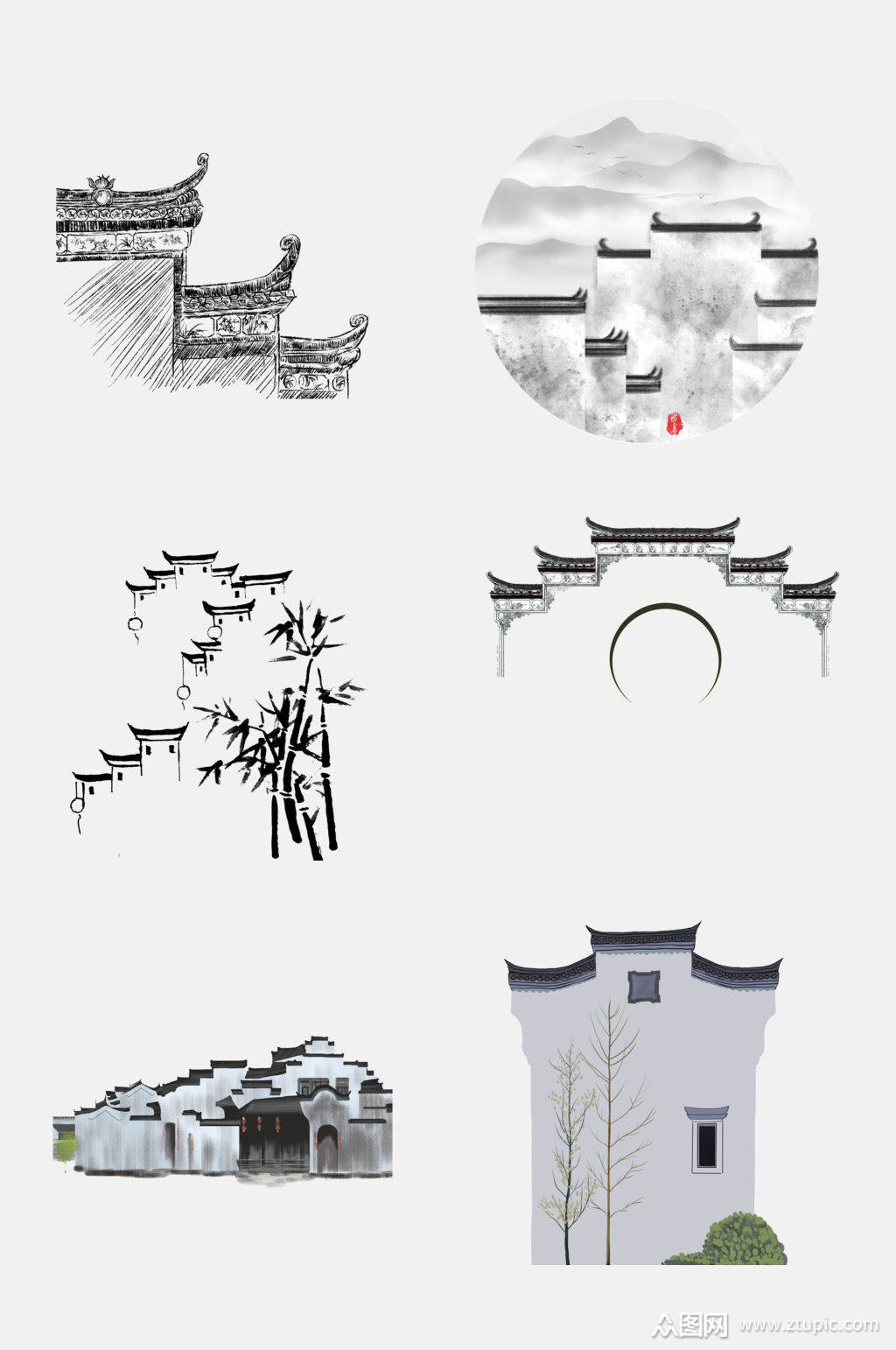 古典江南水乡徽派建筑元素素材