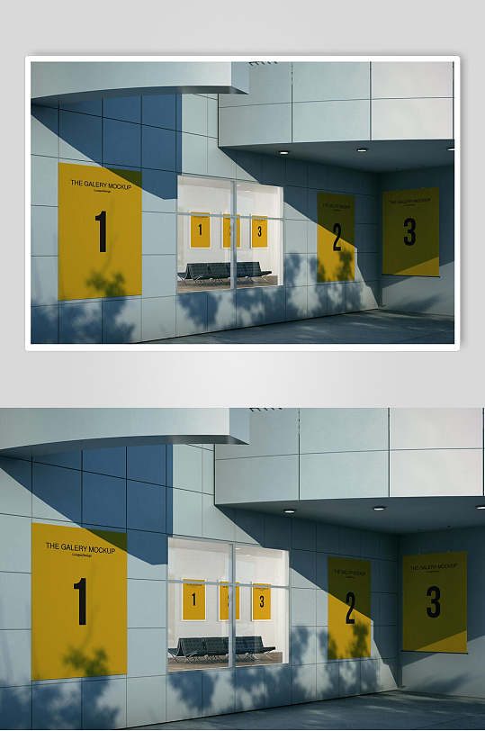 建筑一楼墙面黄色海报样机效果图
