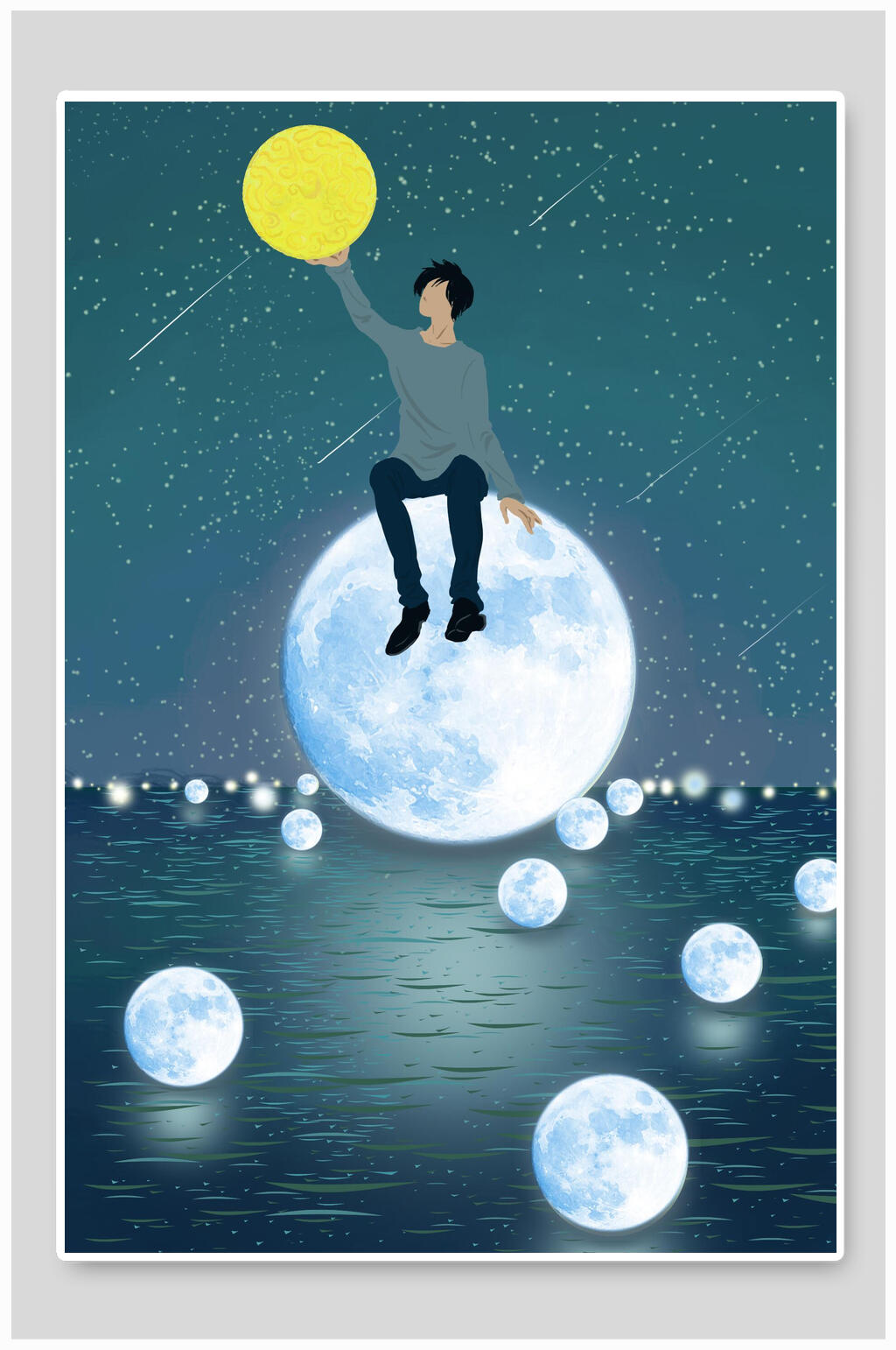 创意手可摘星辰中秋节插画素材素材