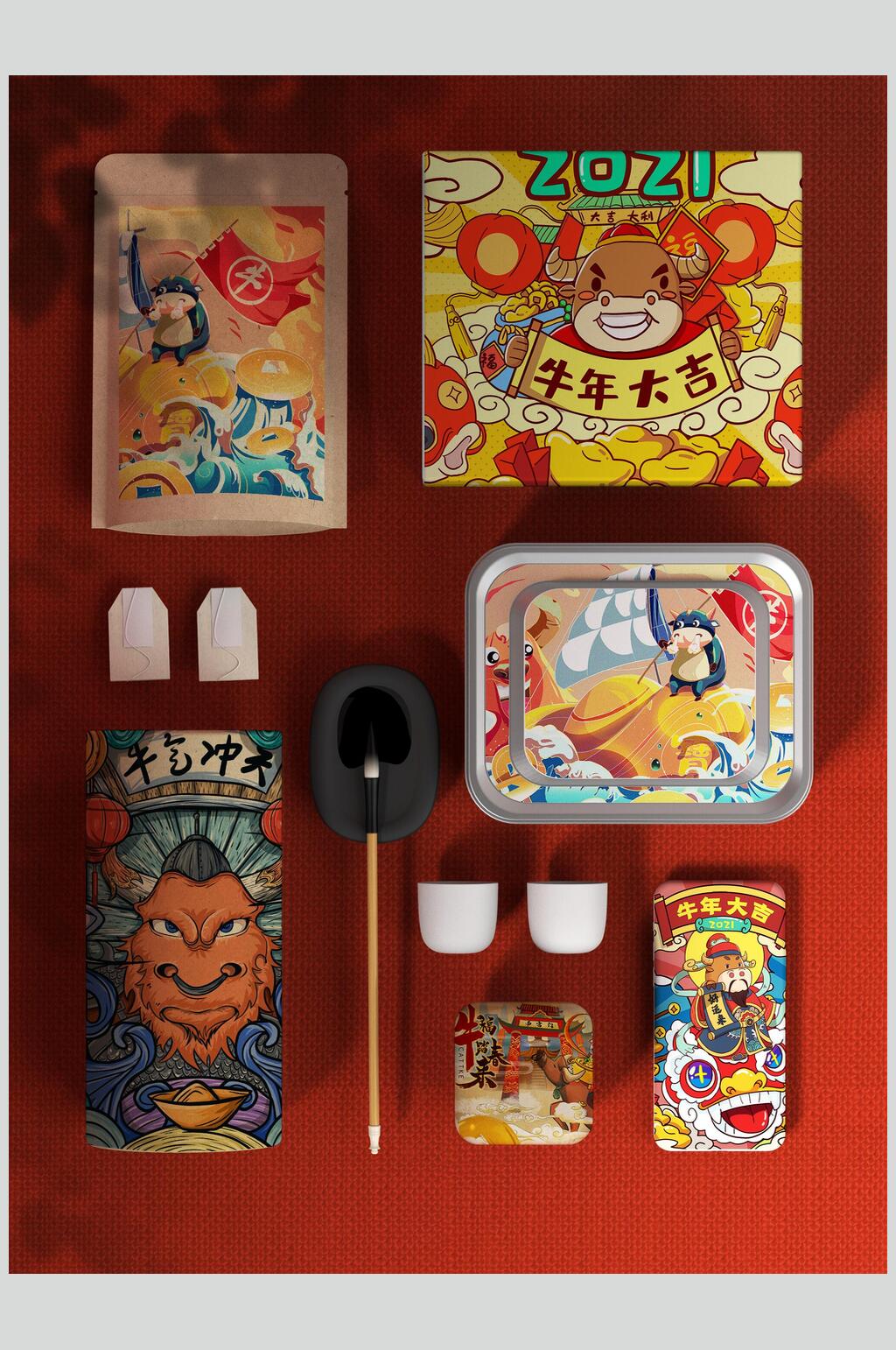 中国风食品包装整套VI新年文创样机效果图素材