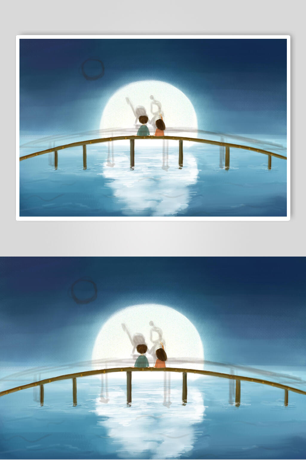 蓝色渐变浪漫赏月中秋节插画素材素材